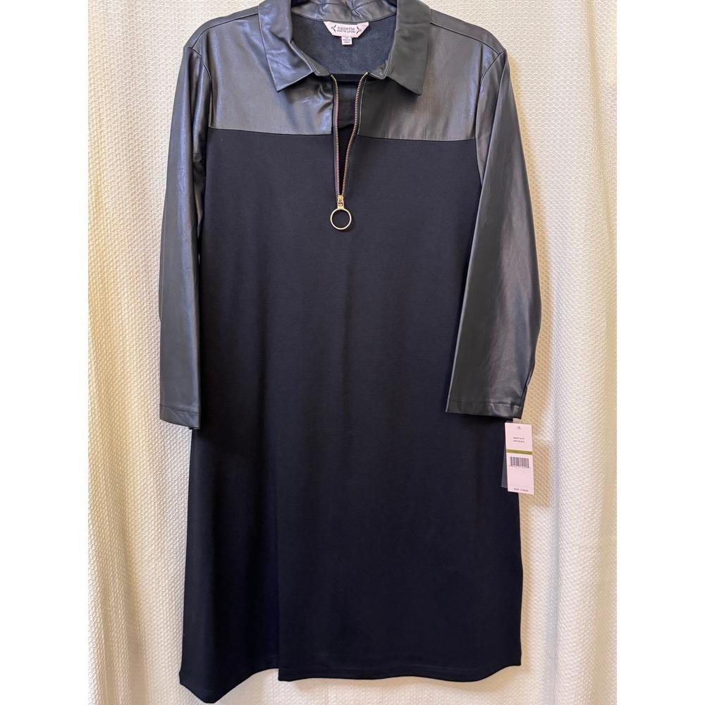 Nanette Lepore Women Black Faux Leather Trim Half Zip Shift Dress 14